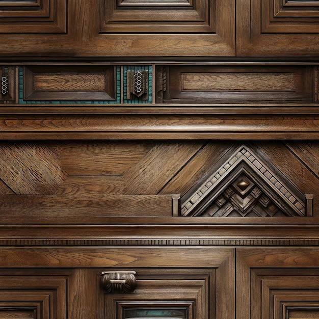 Skomplikowany drewniany panel z drzwiami i szufladami wyłożonymi kafelkami