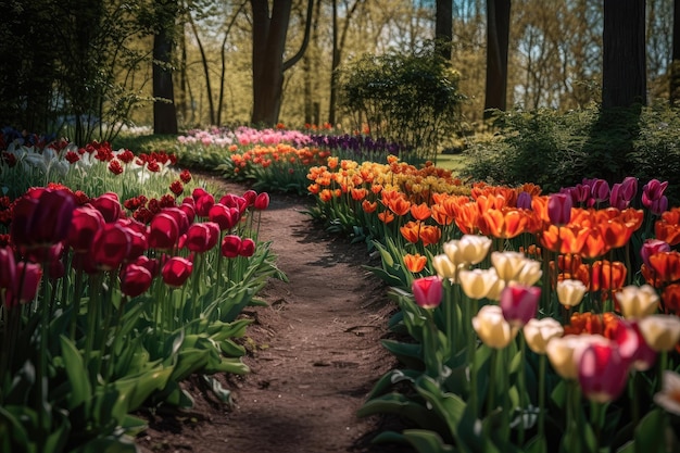 Skomplikowany ogród tulipanów z różnorodnością kolorów i tekstur