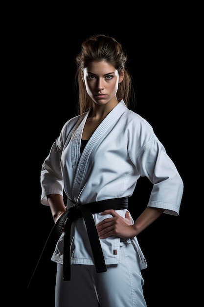 Zdjęcie skoncentrowana zawodniczka taekwondo na czarnym tle