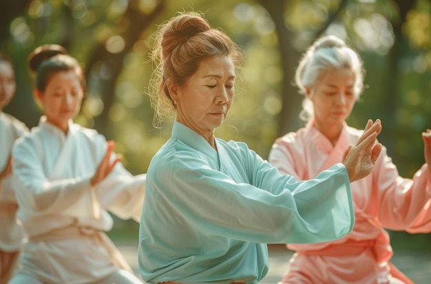 Zdjęcie skoncentrowane azjatyckie kobiety wykonujące qigong w pastelowych jedwabnych szatach pośród przyrody