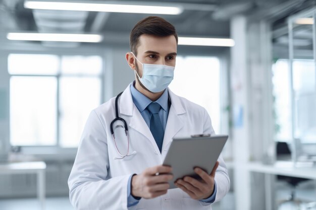 Skoncentrowany lekarz noszący maskę podczas analizowania raportów medycznych na tablecie
