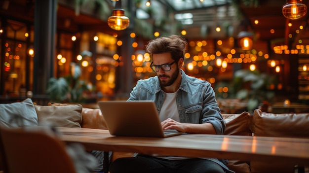 Skoncentrowany mężczyzna pracujący na laptopie w przytulnej kawiarni z ciepłymi światłami