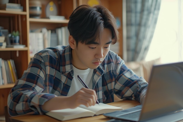 Skoncentrowany młody azjatycki uczeń używający laptopa do edukacji online, robiąc notatki w notatniku, ucząc się na odległość w domu