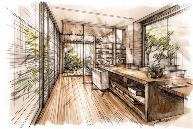 Skoncentrowany na szczegółach ręcznie rysowany szkic wnętrza eleganckiego nowoczesnego domu Generative AI ilustracji