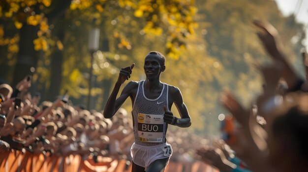 Skoncentrowany sportowiec prowadzi maraton w tętniącej życiem jesieńskim otoczeniu uchwycić dynamiczną formę biegania i ducha rywalizacji wydarzenie sportowe zdrowy styl życia inspiracja AI