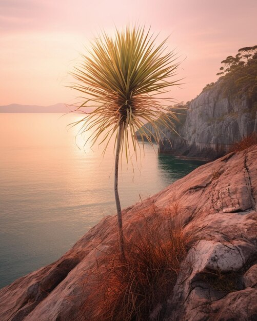 skoncentruj się na gałęzi palmowej Letni wschód słońca na wybrzeżu Wyspa Korfu Grecja Plaża z wydajnością Generative AI