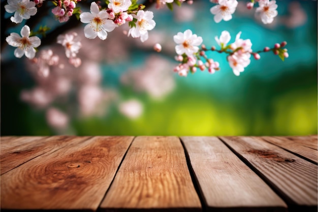 Skoncentruj się pusty stół z drewna w okwitnięciu kwiatu wiśni z niewyraźnym drzewnym tłem