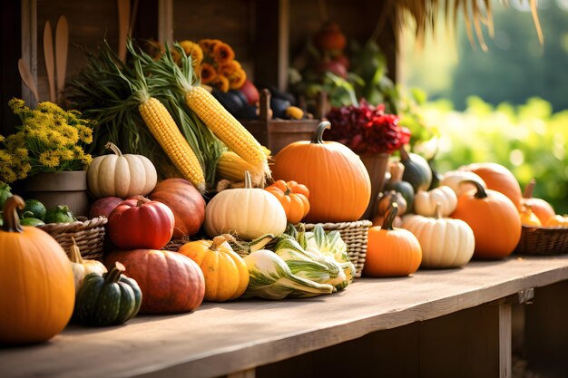 skopiuj miejsce na tekst Rustykalna farma Harvest Bounty przepełniona kolorowymi produktami, takimi jak dynia