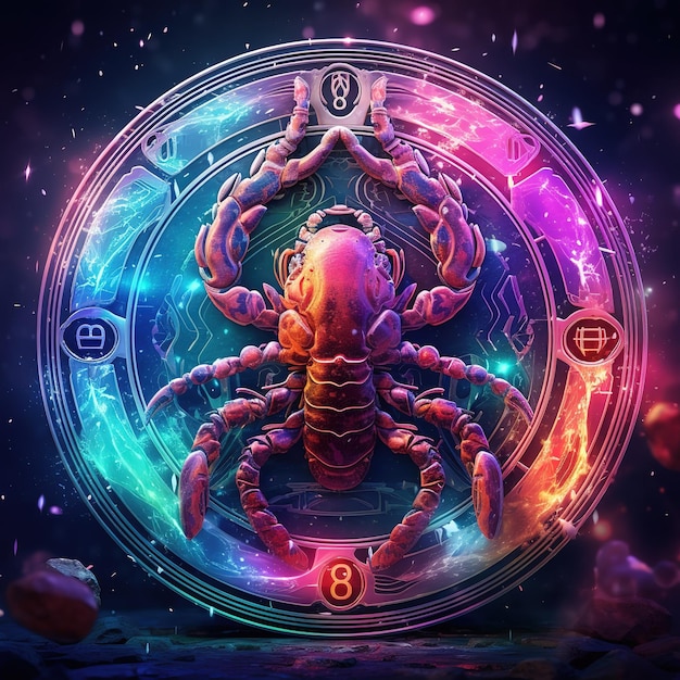 Skorpion Skorpion Koło zodiaku Znak gwiezdny Futuristyczny hologram Neon Światło Kybernetyczne Cyfrowe Przezroczyste