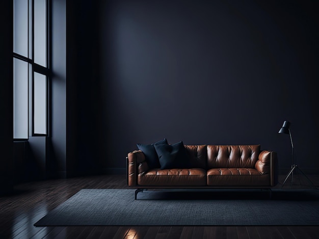 Skórzana sofa w ciemnym wnętrzu loftu