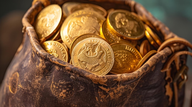 Skórzana torebka pełna złotych monet.
