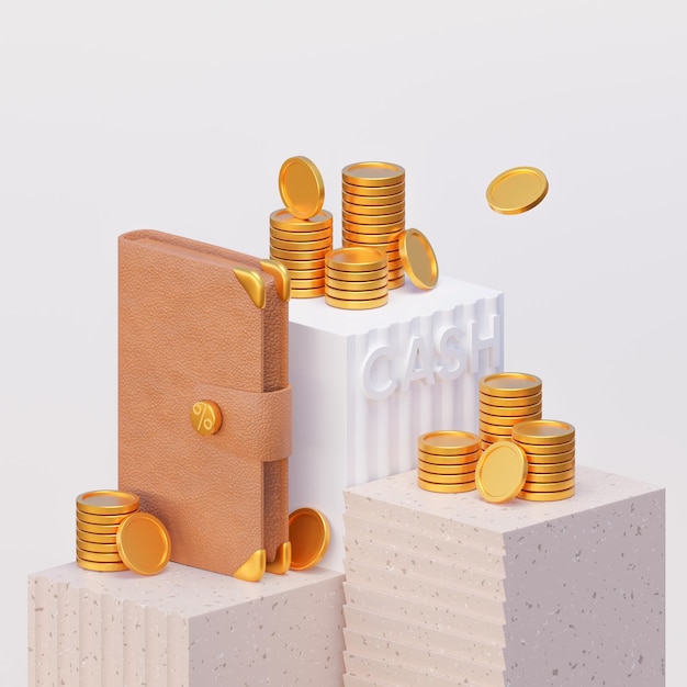 Skórzany portfel ze złotymi monetami na kamiennych kostkach do finansowania zakupów i marketingu