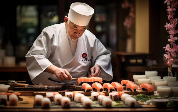 Zdjęcie skrupulatne przygotowywanie sushi w najlepszym wydaniu