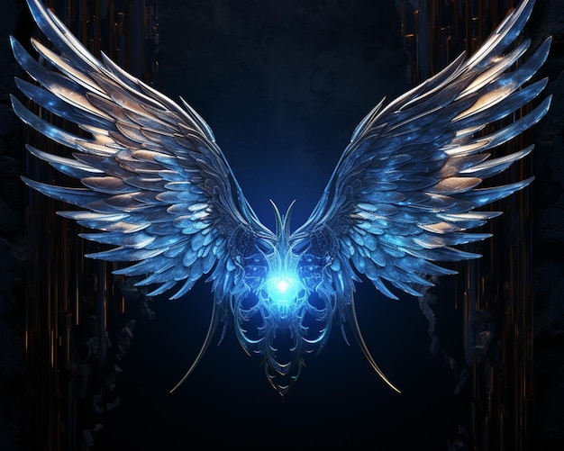 Zdjęcie skrzydła niebieskiego anioła z świecącym aureolą na ciemnym tle generatywny ai
