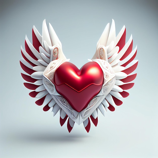 Skrzydlate serce czerwone serce z białymi skrzydłami miłość valentine koncepcja 3d renderowania ilustracji