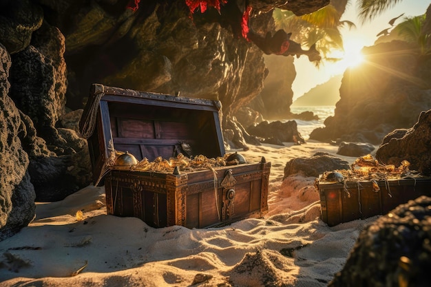 Skrzynia skarbów piratów na bezludnej wyspie przywołująca marzenia o przygodach i bogactwach z minionej epoki