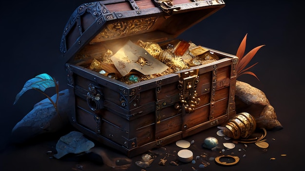 Zdjęcie skrzynia skarbów ze złotymi monetami i butelką złota.