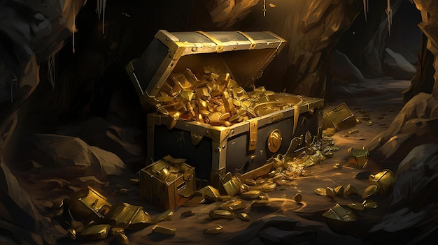 Zdjęcie skrzynia ze złotem w jaskini z dużą ilością środka