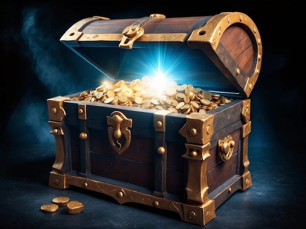 Zdjęcie skrzynka ze skarbem ze złotem i światłem wychodzące z pudełka w ciemności