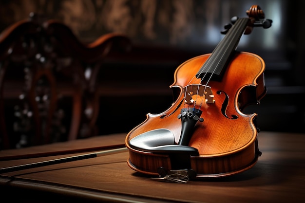 Zdjęcie skrzypce na drewnianym stole we wnętrzu sali muzyki klasycznej