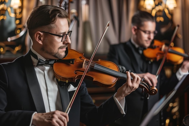 Skrzypek z trio jazzowym w formalnym stroju występujący na eleganckim wydarzeniu