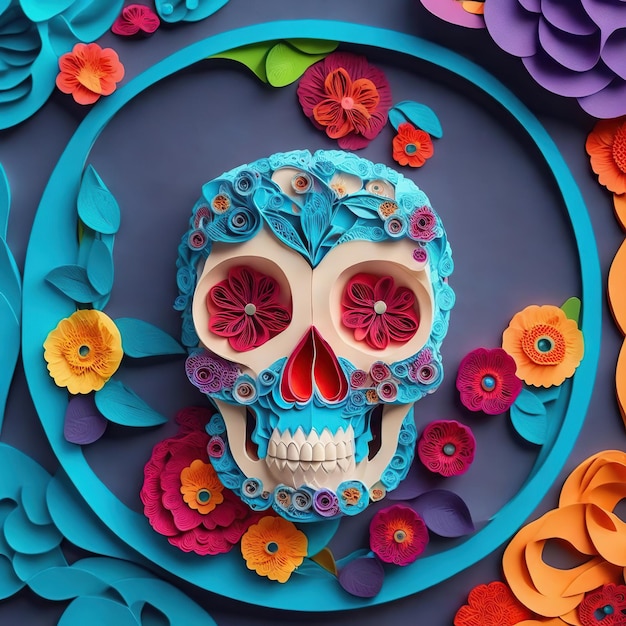 Zdjęcie skull paper quilling art z kolorowym wzorem kwiatowym