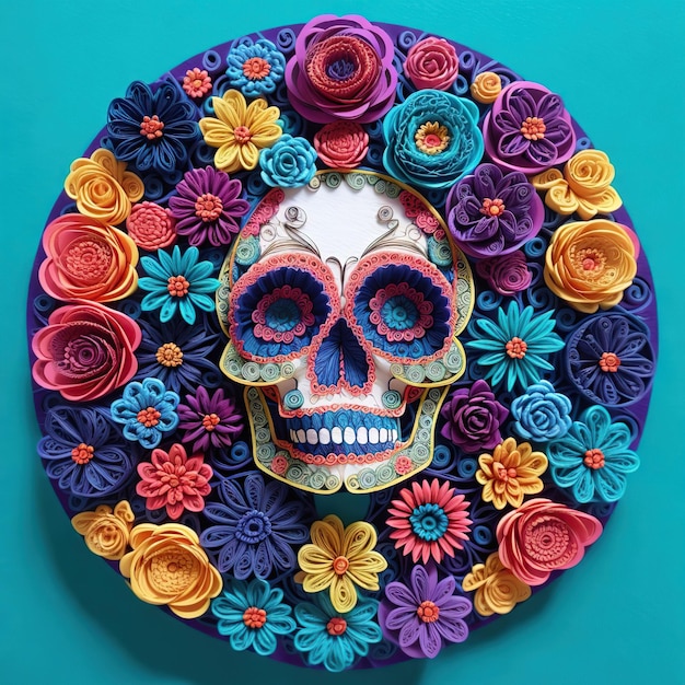 Skull Paper Quilling Art Z Kolorowym Wzorem Kwiatowym