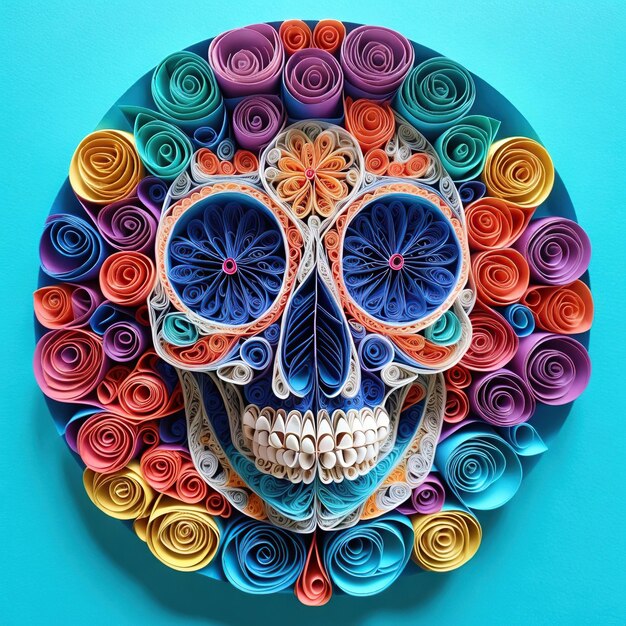 Zdjęcie skull paper quilling art z kolorowym wzorem kwiatowym