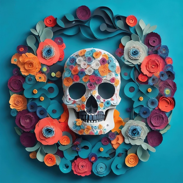 Zdjęcie skull paper quilling art z kolorowym wzorem kwiatowym