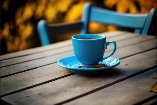 Skup się na niebieskim kolorze filiżanki kawy na drewnianym stole z niewyraźnym jesiennym tłem Koncepcja pustej przestrzeni na produkt reklamowy Najlepsza generatywna sztuczna inteligencja