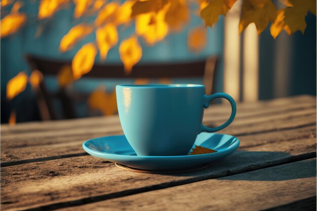 Skup się na niebieskim kolorze filiżanki kawy na drewnianym stole z niewyraźnym jesiennym tłem Koncepcja pustej przestrzeni na reklamę produktu Najlepsza generatywna sztuczna inteligencja