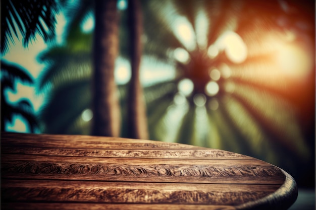 Skup się na pustym drewnianym stole z niewyraźnym tle kokosa i palmy