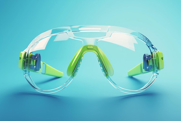 Skupienie na okularach bezpieczeństwa Technologiczne zielone okulary izolowane na niebieskim tle