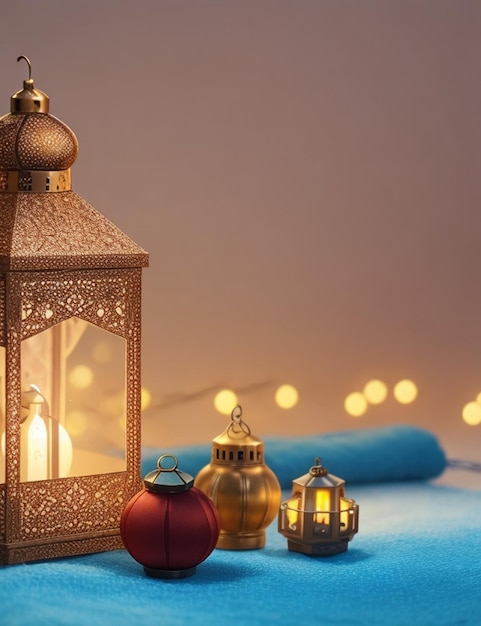 skupienie się na islamskiej dekoracji noworocznej z koralikami modlitewnymi i latarnią na przytulnym, niewyraźnym tle