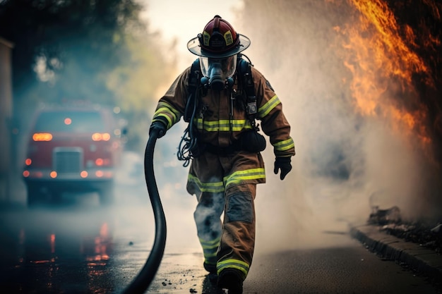 Skupienie strażaka z wężem wodnym gaszącym pożar na ulicy AI Generation
