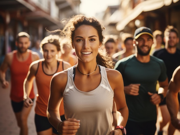 Zdjęcie skupiona kobieta biegająca z determinacją w miejskim maratonie generatywna sztuczna inteligencja