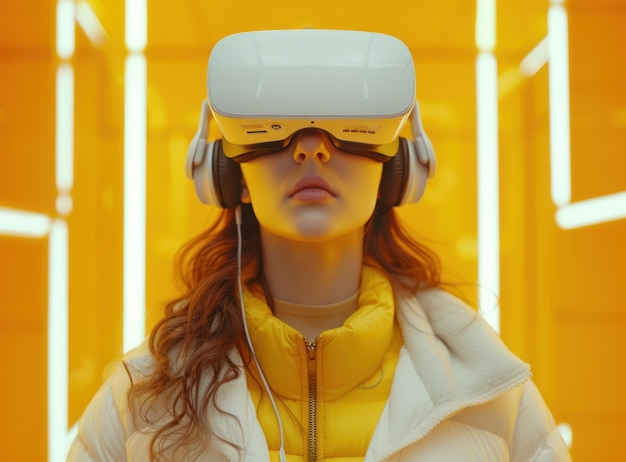 Zdjęcie skupiona kobieta w żółtej kurtce używająca białego zestawu słuchawkowego wirtualnej rzeczywistości na tle żywej żółtej paski