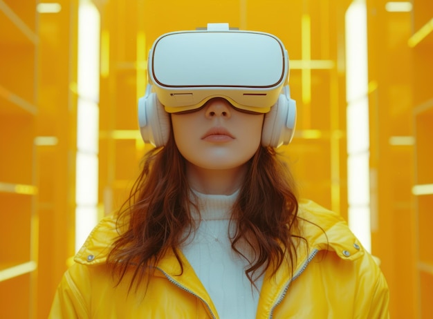 Zdjęcie skupiona kobieta w żółtej kurtce używająca białego zestawu słuchawkowego wirtualnej rzeczywistości na tle żywej żółtej paski
