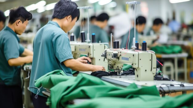 Skupiony młody Azjat krawca z doświadczeniem szyje rzeczy z naturalnej tkaniny za pomocą maszyny do szycia