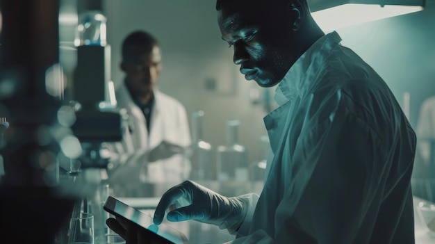 Skupiony naukowiec używający tabletu w nowoczesnym środowisku laboratoryjnym