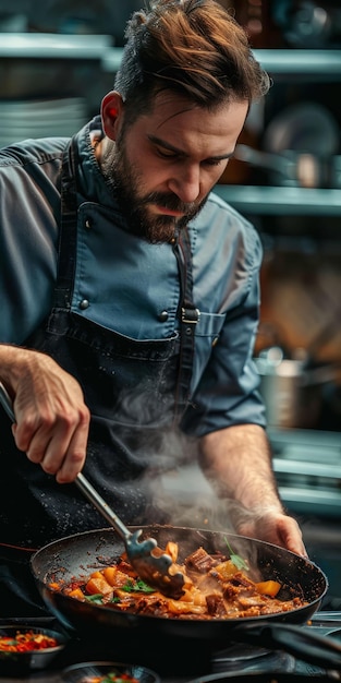 Skupiony szef kuchni gotujący pyszne jedzenie w kuchni restauracji