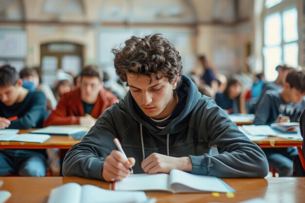 Skupiony uczeń zdaje egzamin pisemny w klasie szkolnej