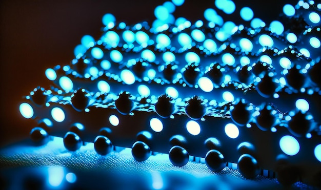 Skupisko jasnoniebieskich diod LED na czarnym tle emitujących futurystyczny klimat