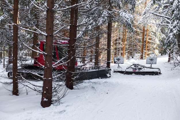 Skuter śnieżny w zaśnieżonym lesie tworzy szlak dla narciarzy biegowych