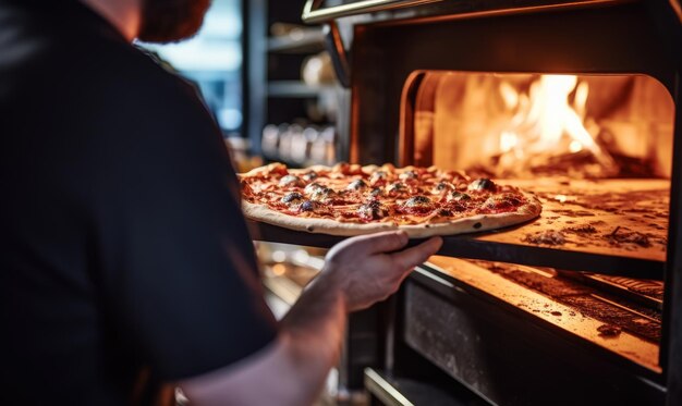 Skwierczący dźwięk wypełnia kuchnię, gdy mężczyzna umiejętnie wyjmuje pizzę z piekarnika