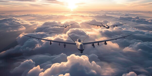 Sky Guardians Bezzałogowy dron wojskowy wznosi się nad chmurami, ilustrując amerykańską technologię w wojskowym rozpoznawaniu i nadzorze Koncepcja bezpieczeństwa lotniczego i szybkiej reakcji