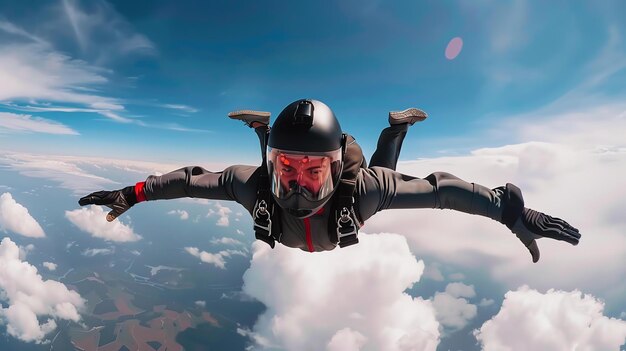 Zdjęcie skydiver lata na niebieskim niebie, ma na sobie czarny kombinezon i czarny hełm, jest otoczony przez chmury.