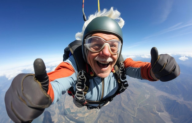 Skydiver senior uśmiecha się pokazując kciuki w wolnym upadku Generatywna sztuczna inteligencja
