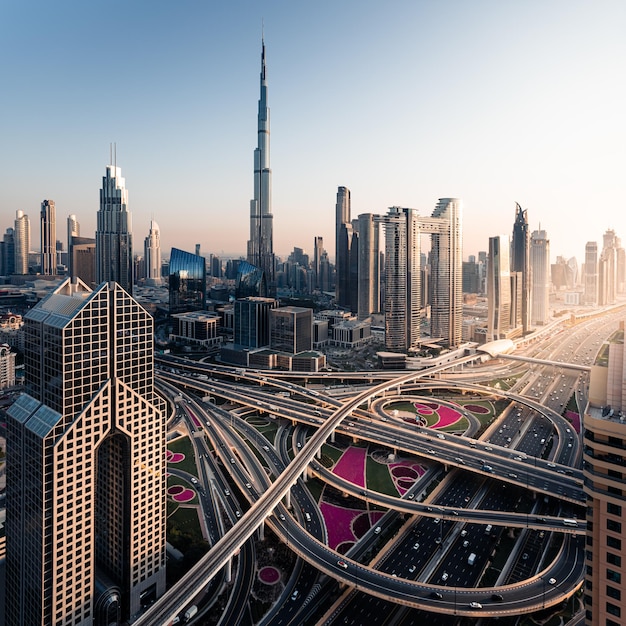 Skyline centrum Dubaju z nowoczesnymi drapaczami chmur przy zachodzie słońca Zjednoczone Emiraty Arabskie