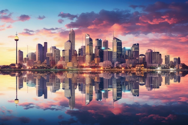 Skyline Chicago o zachodzie słońca z odbiciem w jeziorze Michigan Illinois USA panoramiczny widok Sydney City Australia lipiec Drapacze chmur odzwierciedlone w wodzie AI generowane